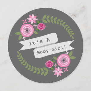 Pink Floral Wreath & Banner Girl Round Baby Shower Invitation