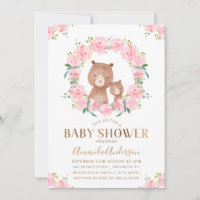 Pink Floral Wreath Bears Baby Shower Invitation