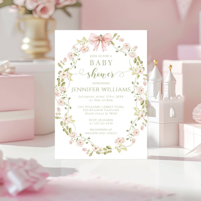Pink Floral Wreath Bow Baby Girl Shower Invitation (Creator Uploaded)