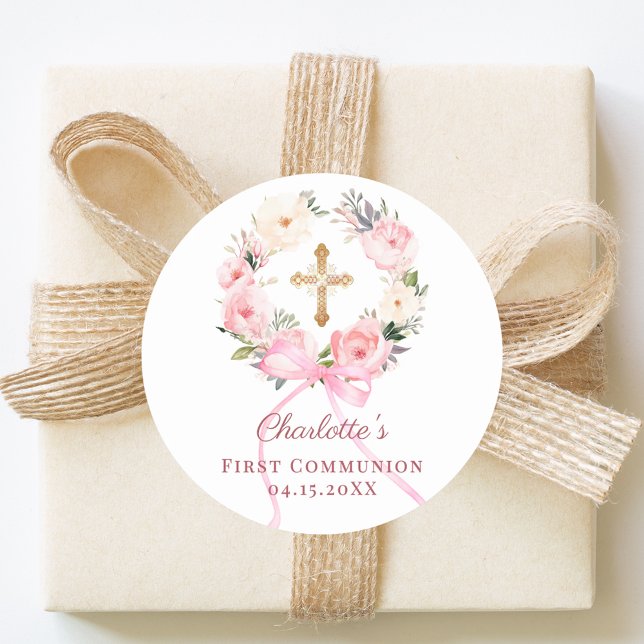 Pink floral wreath bow First Communion Classic Round Sticker (Creator Uploaded)