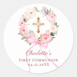 Pink floral wreath bow First Communion Classic Round Sticker