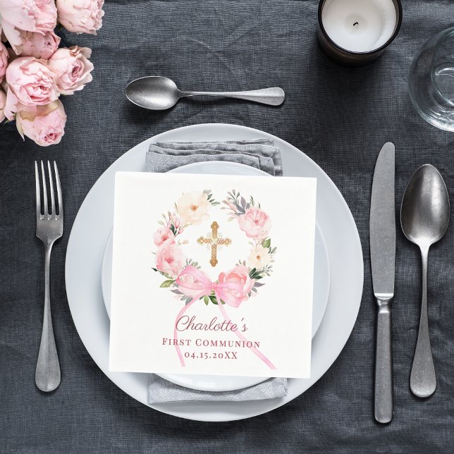 Pink floral wreath bow First Communion luncheon Napkin (Creator Uploaded)
