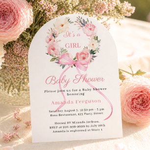 Pink floral wreath bow girl arch Baby Shower Invitation