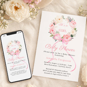 Pink floral wreath bow girl Baby Shower Invitation