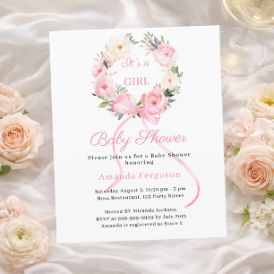 Pink floral wreath bow girl Baby Shower invitation