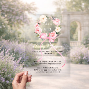 Pink floral wreath bow girl luxury Baby Shower Acrylic Invitations