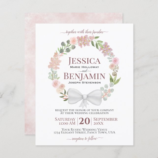 Pink Floral Wreath BUDGET Boho Wedding Invitation (Front/Back)