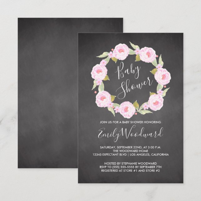 Pink Floral Wreath Chalkboard Girl Baby Shower Invitation (Front/Back)