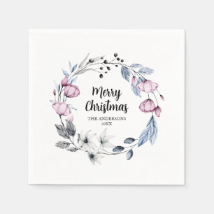 Pink Floral Wreath Christmas Napkin