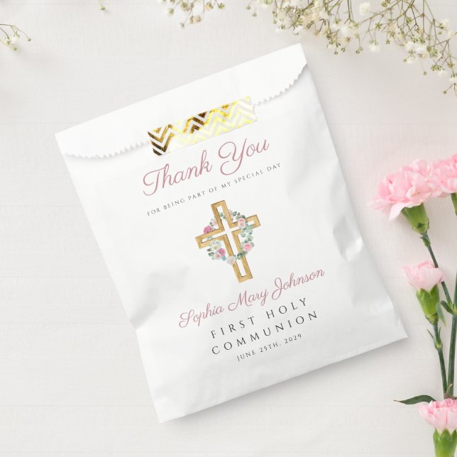 Pink Floral Wreath Cross Girl First Communion   Favour Bags (Sealed)