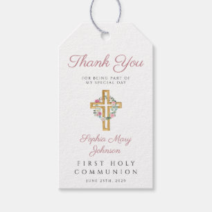 Pink Floral Wreath Cross Girl First Communion  Gift Tags