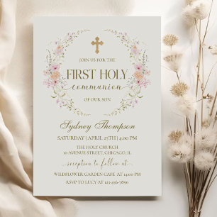 Pink Floral Wreath Cross Girl First Communion Invitation