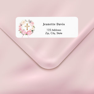 Pink floral wreath cross return address 