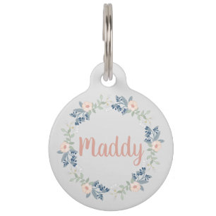 Pink Floral Wreath Custom Name Dog Cat Pet Tag