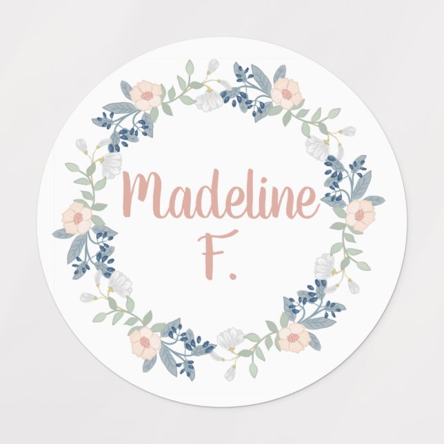 Pink Floral Wreath Custom Name Initial School  (Design 1)