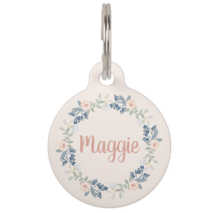 Pink Floral Wreath Custom Name Labels Dog Pet Tag