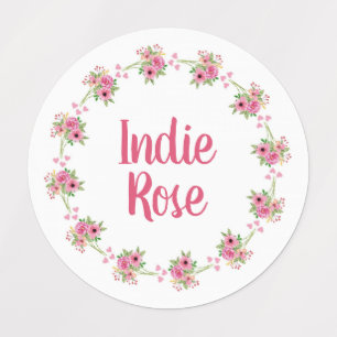 Pink Floral Wreath Custom Name School Labels
