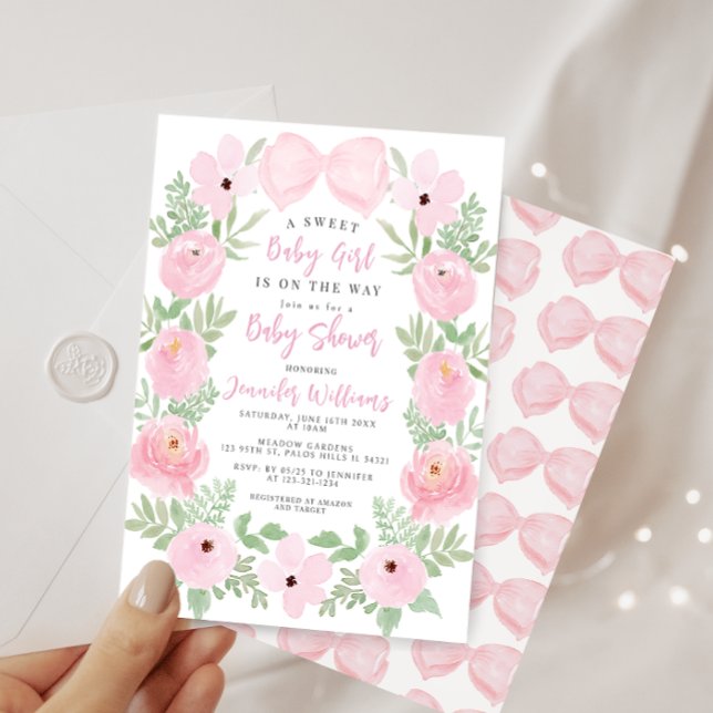 Pink floral wreath cute bow boho baby girl shower invitation (Creator Uploaded)