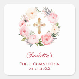 Pink floral wreath First Communion Square Sticker