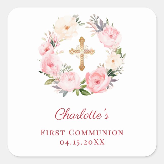Pink floral wreath First Communion Square Sticker (Front)