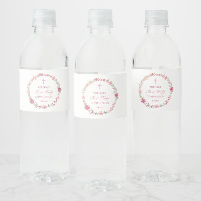 Pink Floral Wreath First Communion Water Bottle Label (Bottles)