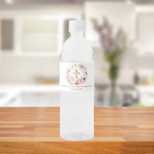 Pink floral wreath First Communion Water Bottle Label