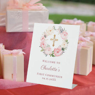 Pink floral wreath First Communion welcome Pedestal Sign