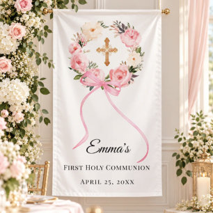 Pink floral wreath First Holy Communion welcome Banner