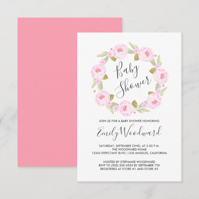 Pink Floral Wreath Girl Baby Shower Invitation (Front/Back)