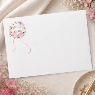 Pink floral wreath girl Baby Shower return address Envelope