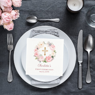 Pink floral wreath girl First Communion Napkin