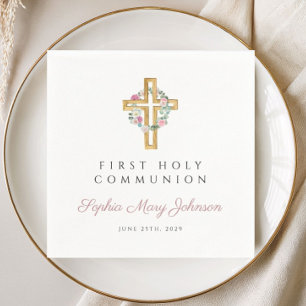 Pink Floral Wreath Girl First Communion Napkin