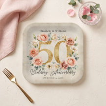 Pink Floral Wreath Gold 50th Wedding Anniversary