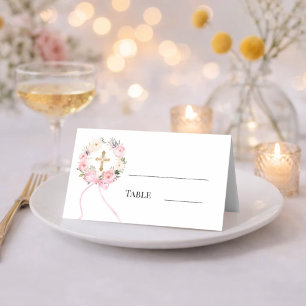 Pink floral wreath gold cross bow ribbon place card