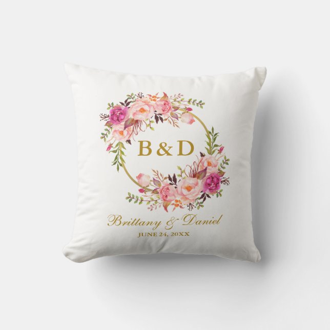 Pink Floral Wreath Gold Monogram Wedding Cushion (Front)
