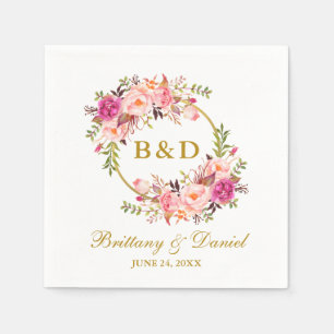 Pink Floral Wreath Gold Monogram Wedding Napkin