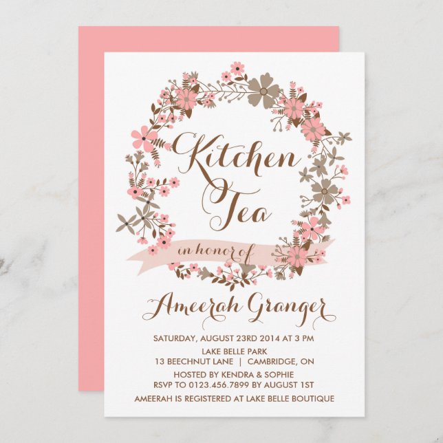 Pink Floral Wreath Kitchen Tea Party Invitation (Front/Back)