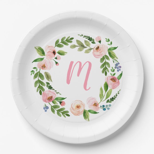 Pink Floral Wreath Monogram Birthday Party Plates (Front)