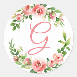 Pink Floral Wreath Monogram Sticker