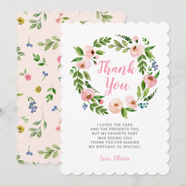 Pink Floral Wreath Peony Birthday Thank You Cards (Front/Back)