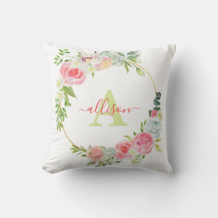 Pink floral wreath personalised cushion