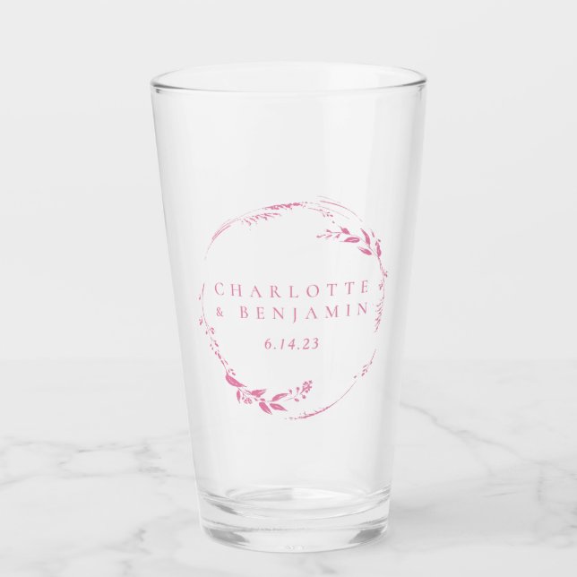 Pink Floral Wreath Personalised Wedding Date  Glass (Front)
