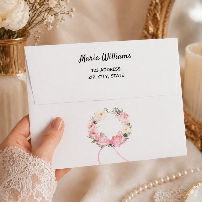 Pink floral wreath return address envelope (Creator Uploaded)