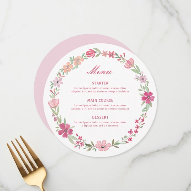 Pink Floral Wreath Round Menu (Front/Back In Situ)