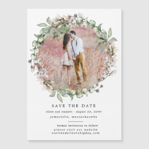 Pink Floral Wreath Save the Date Magnetic Card