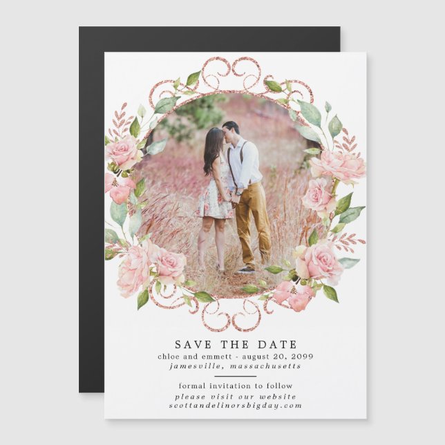 Pink Floral Wreath Save the Date Magnetic Card (Front/Back)