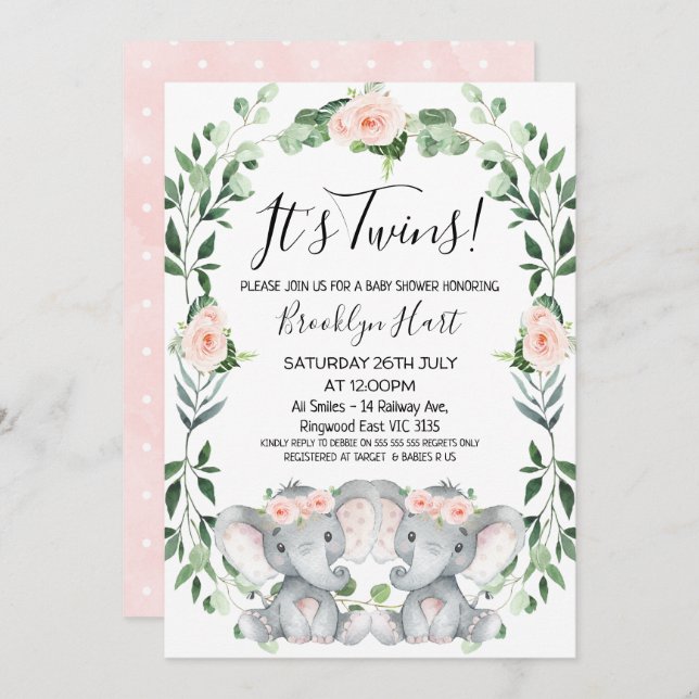 Pink Floral Wreath Twin Elephant Baby Shower Invitation (Front/Back)