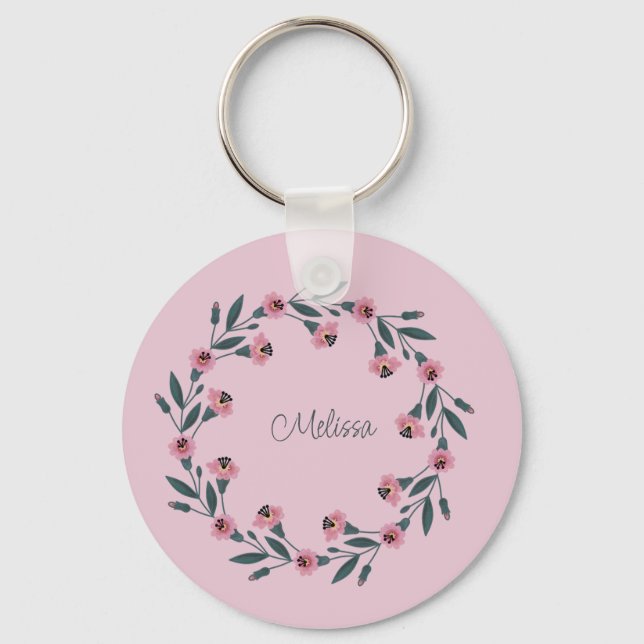 Pink Floral Wreath Watercolor Rose Wildflower Key Ring (Front)