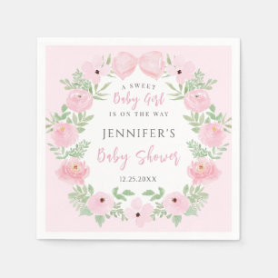 Pink floral wreath with cute bow baby girl shower napkin