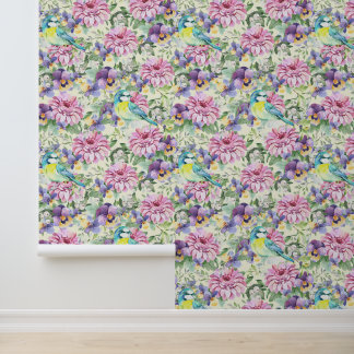 Pink Floral Zinnia Flowers Purple Pansies Birds  Wallpaper